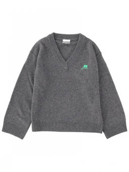 Ganni - Grey Logo V Neck Sweater