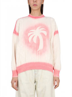 Palm Angels - White Printed Crew Neck Sweater