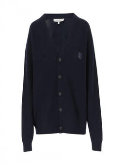 Maison Kitsune - Navy Blue Genuine Leather Patch Ribbed Cardigan