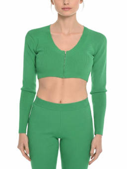 HERSKIND - Green Solid V Neck Crop Cardigan