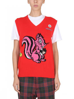 Cormio - Red Graphic V Neck Sweater (S)