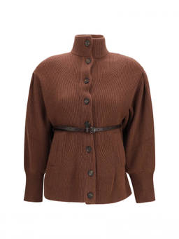 Brunello Cucinelli - Brown Knitted Turtle Neck Cardigan with Belt