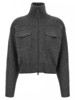 Brunello Cucinelli - Grey Shiny Zipper Pull Wool Cardigan (XS)
