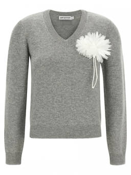 self-portrait - Grey Knitted V Neck Sweater