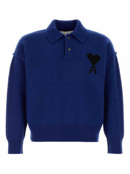 AMI Paris - Blue Solid Shirt Collar Sweater