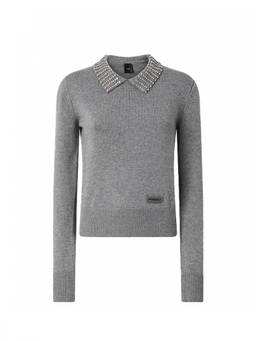Pinko - Grey Embellished Shirt Collar Sweater (L)