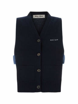 Miu Miu - Navy Blue Knitted V Neck Sweater