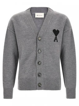 AMI Paris - Grey Logo V Neck Cardigan