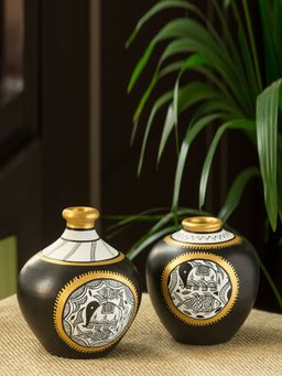 ExclusiveLane - 'Matki & Matka' Vases With Intricate Madhubani Hand-Painting In Terracotta (Set Of 2)
