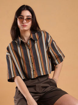 Gazillion - Cecil Multi-Colour Striped Cotton Cropped Shirt For Women