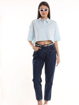 Gazillion - Carolina Sky Blue Linen Embroidered Cropped Shirt For Women