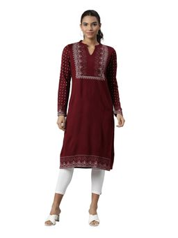 NEERU'S - Maroon Regular Woven Print Knee Length Winter Kurta