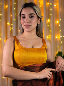 I LOVE SAREES - Mustard Solid Sleeveless Woven Stitched Blouse