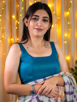 I LOVE SAREES - Teal Solid Sleeveless Woven Stitched Blouse