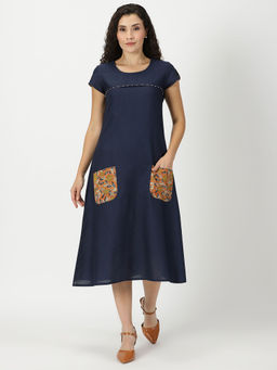 Saffron Threads - Navy Blue Solid Midi Dress with Bagru Patch Pockets