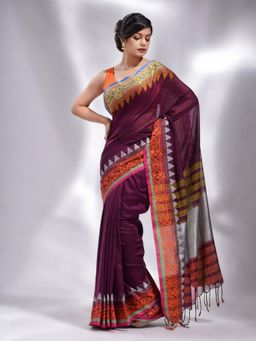 CHARUKRITI - Wine Red Pure Cotton Handwoven Temple Border Saree with Unstitched Blouse
