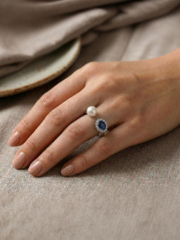 Yellow Chimes - Pearl Blue Stone Ring Silver Dual Ring