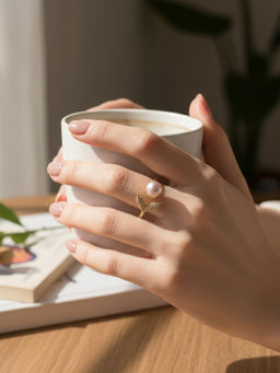 Yellow Chimes - Cz Pave Leaf Motif and Pink Pearl Adjustable Ring