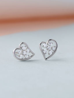 Ornate Jewels - 925 Silver White Cz Floral Heart Stud Earrings