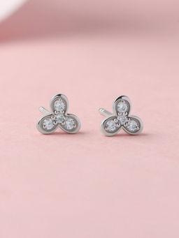 Ornate Jewels - 925 Silver White Cz Flower Three-Stone Stud Earrings