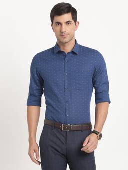 Turtle - Men Cotton Linen Slim Fit Printed Blue Formal Shirt