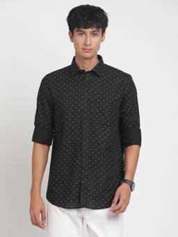 Turtle - Men Cotton Linen Slim Fit Printed Black Formal Shirt