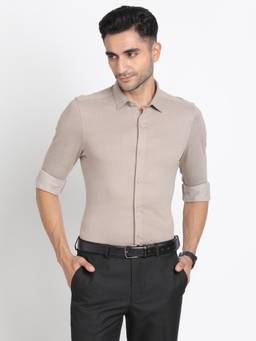 Turtle - Men Knitted Slim Fit Printed Brown Formal Shirt