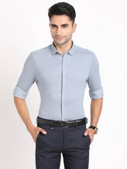 Turtle - Men Knitted Slim Fit Printed Blue Formal Shirt