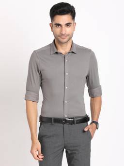 Turtle - Men Knitted Slim Fit Printed Grey Formal Shirt