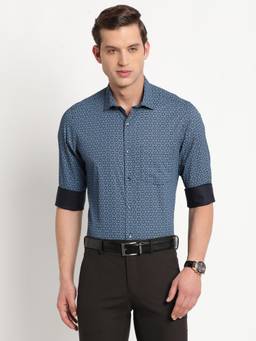 Turtle - Men Cotton Slim Fit Printed Blue Formal Shirt