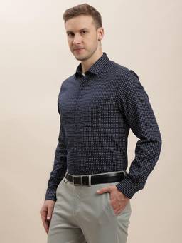 Turtle - Men Cotton Tencel Slim Fit Printed Navy Blue Formal Shirt