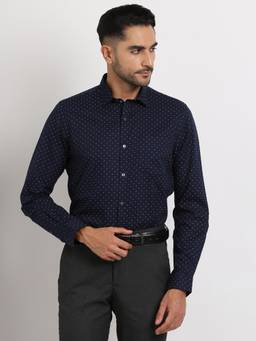 Turtle - Men Cotton Slim Fit Polka Dots Blue Formal Shirt