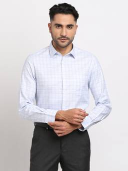 Turtle - Men Giza Cotton Slim Fit Checkered Light Blue Formal Shirt