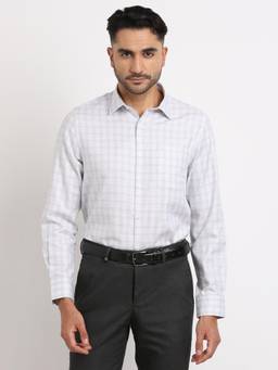 Turtle - Men Giza Cotton Slim Fit Checkered Grey Formal Shirt