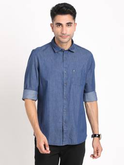 Turtle - Men Cotton Indigo Slim Fit Solid Denim Blue Casual Shirt