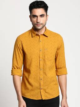 Turtle - Men Khadi Slim Fit Printed Yellow Casual Shirt
