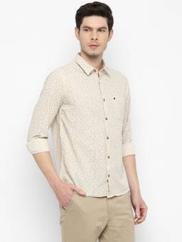 Turtle - Men Khadi Slim Fit Printed Beige Casual Shirt