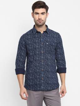 Turtle - Men Khadi Slim Fit Printed Blue Casual Shirt