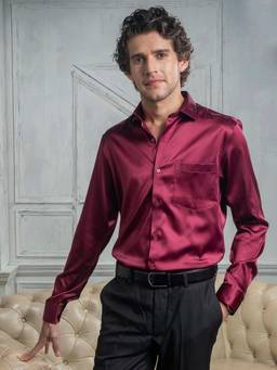 Turtle - Men Poly Satin Slim Fit Solid Maroon Party Shirt