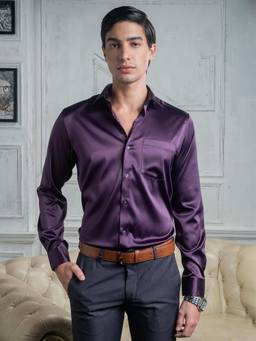 Turtle - Men Poly Satin Slim Fit Solid Purple Party Shirt