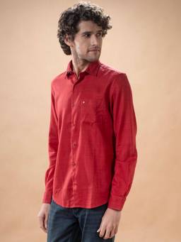 Turtle - Men Cotton Lyocell Slim Fit Solid Red Casual Shirt
