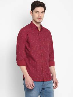 Turtle - Men Cotton Slim Fit Printed Red Casual Shirt