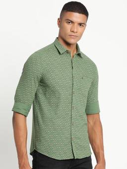 Turtle - Men Khadi Slim Fit Printed Green Casual Shirt