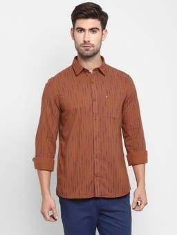 Turtle - Men Khadi Slim Fit Stripes Brown Casual Shirt