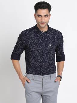 Turtle - Men Cotton Indigo Slim Fit Printed Navy Blue Casual Shirt