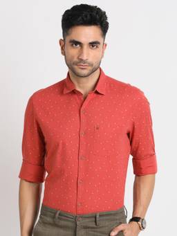 Turtle - Men Cotton Linen Slim Fit Printed Orange Casual Shirt