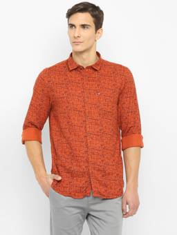Turtle - Men Cotton Lyocell Slim Fit Printed Rust Casual Shirt