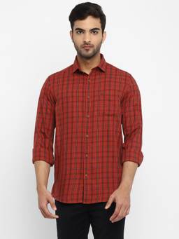 Turtle - Men Cotton Slim Fit Checkered Brick Red Casual Shirt