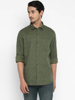 Turtle - Men Cotton Slim Fit Printed Olive Casual Shirt