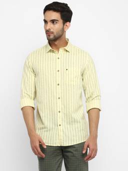 Turtle - Men Cotton Linen Slim Fit Stripes Lemon Yellow Casual Shirt